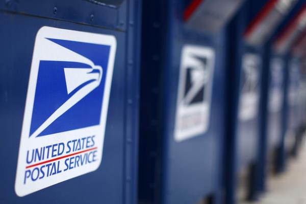 A view shows U.S. postal service mail boxes at a post office in Encinitas